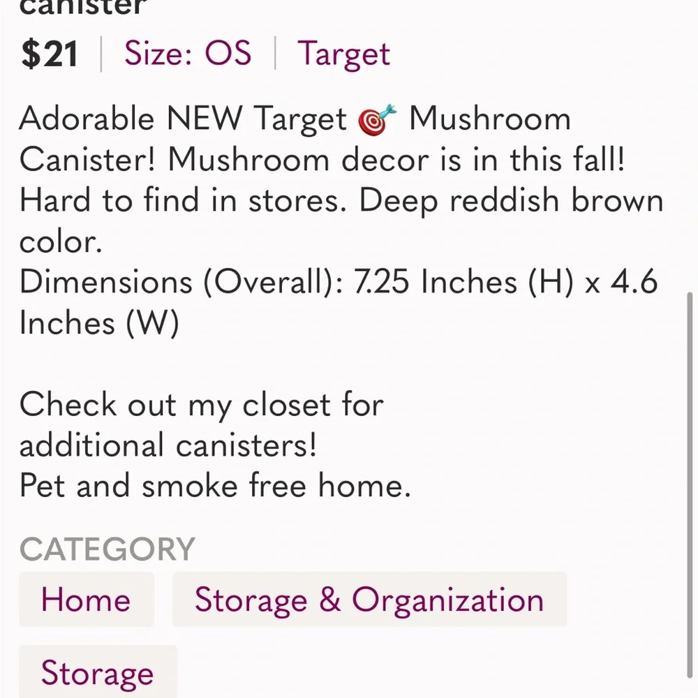 TARGET NWT ceramic mushroom canister -reddish/brown -7.25x4.6”